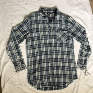 Blue Distressed Longline Long Sleeve Button Down